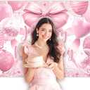 Riyidecor Pink Bow Happy Birthday Banner Backdrop 7Wx5H Feet Polyester Fabric Girls Coquette Birthday Decorations Bownot Balloons Photography Background Bachelorette Decor Banner Studio Photo Shoot