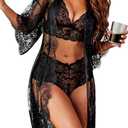Avidlove Women Sexy Lingerie Set 3 Piece Bra and Panty Sets with Lace Kimono Robe Sleepwear Mesh Nightgown, Size X-Large (Black)