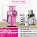 SUSTEAS Rotary Cheese Grater with Handle - Vegetable Shredder with 5 Well-designed Blades & Strong Suction Base, Round Mandoline Slicer & Food Chopper for Kitchen, with Blade Storage Box (Pink)