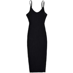 Fnfmrfmr Women Solid Knit Backless Dress V-Neck Sleeveless Paghetti Straps Midi Dresses (Medium, Black)