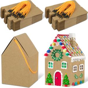 80UncleKimby 50Pcs Christmas Gingerbread House Kit Houses-Shaped Box Xmas Gift Cookie Boxes with Ropes DIY Crafts for Party Supplies Decor