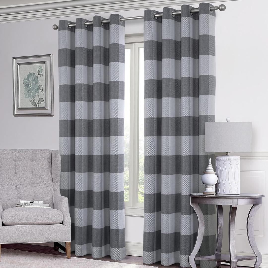 always4u Light Grey Check Curtains Plaid Farmhouse Window Curtains Grommet Drapes for Living Room Bedroom 2 Panels 54 * 95 Inches