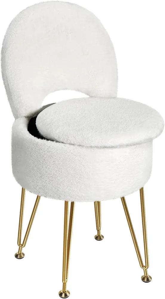 GREENSTELL Small Vanity Stool Chair with Storage and Folding Back, 13" x 13" x 17.7" Faux Fur Soft Ottoman for Teenager, 4 Metal Legs with Anti-Slip Feet, Furry Padded Seat for Makeup, Bedroom, White