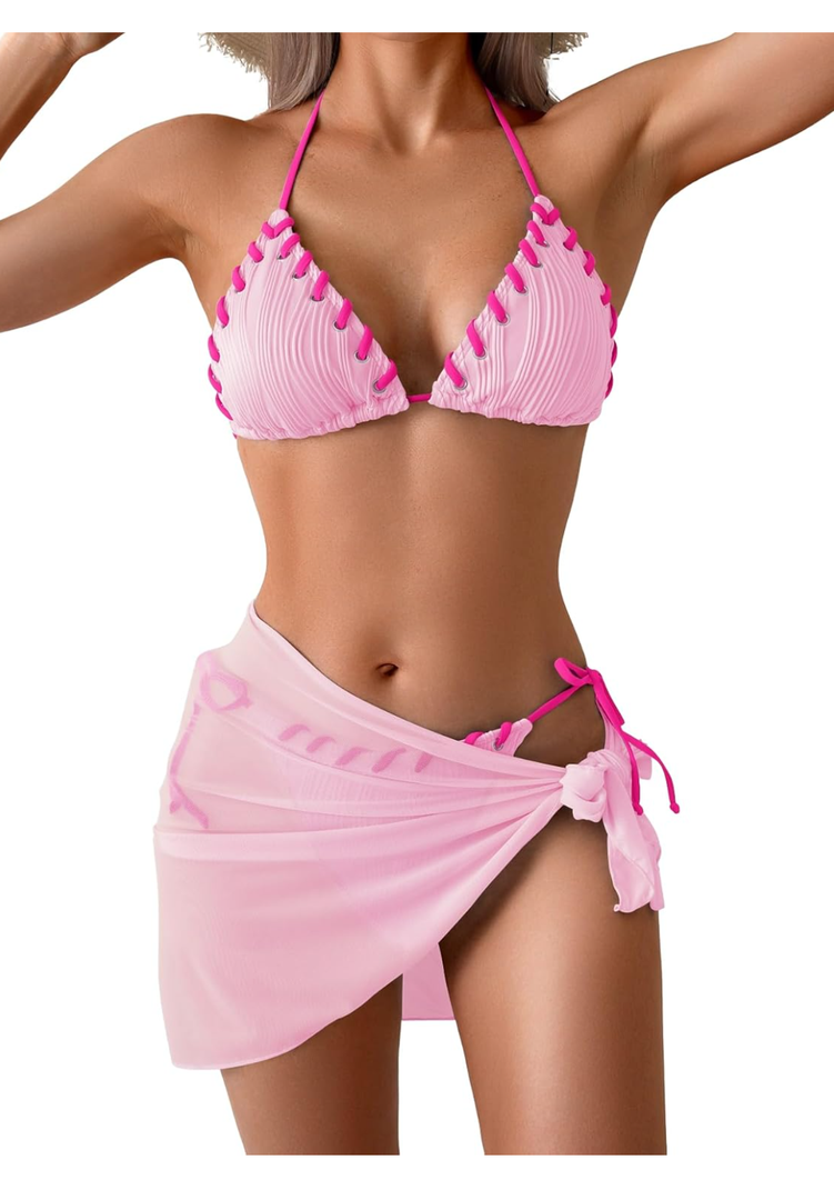 B2prity Women's Bikini Sets 3 Piece Swimsuit Halter Triangle Mesh Sarong Wraps Bathing Suit with Coverups Size S