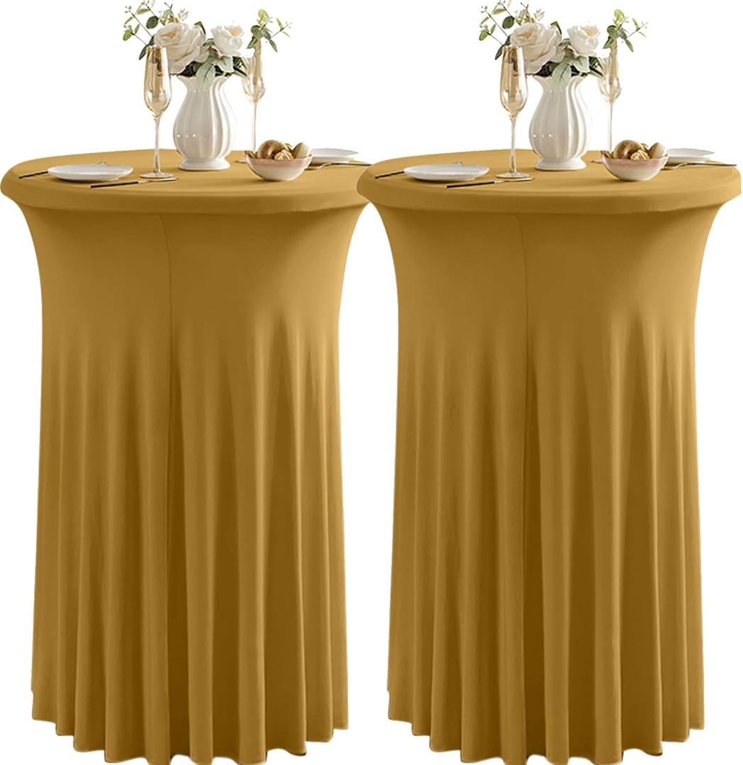 Qubjus 2 Pack Round Cocktail Table Covers with Skirt Stretch Spandex Tablecloth 32"x43" Cocktail Round Tablecloth for Party Wedding Birthday Banquet, Gold