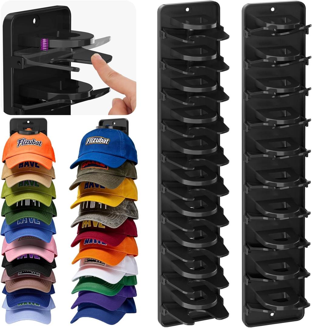 Spring Clip Hat Organizer for Baseball Caps  2 Pack, Wall Hat Rack for Door & Closet  Keeps 20 Hats Tidy in Entryway, Dorm, Bedroom  Multi-Layer Cap Storage (Adhesive or Screws) (BLACK)