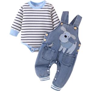 Baby Boy Clothes Fall Winter Outfits Long Sleeve Striped Romper Cute Cartoon Jeans Overalls Pants Set 9-12 Months