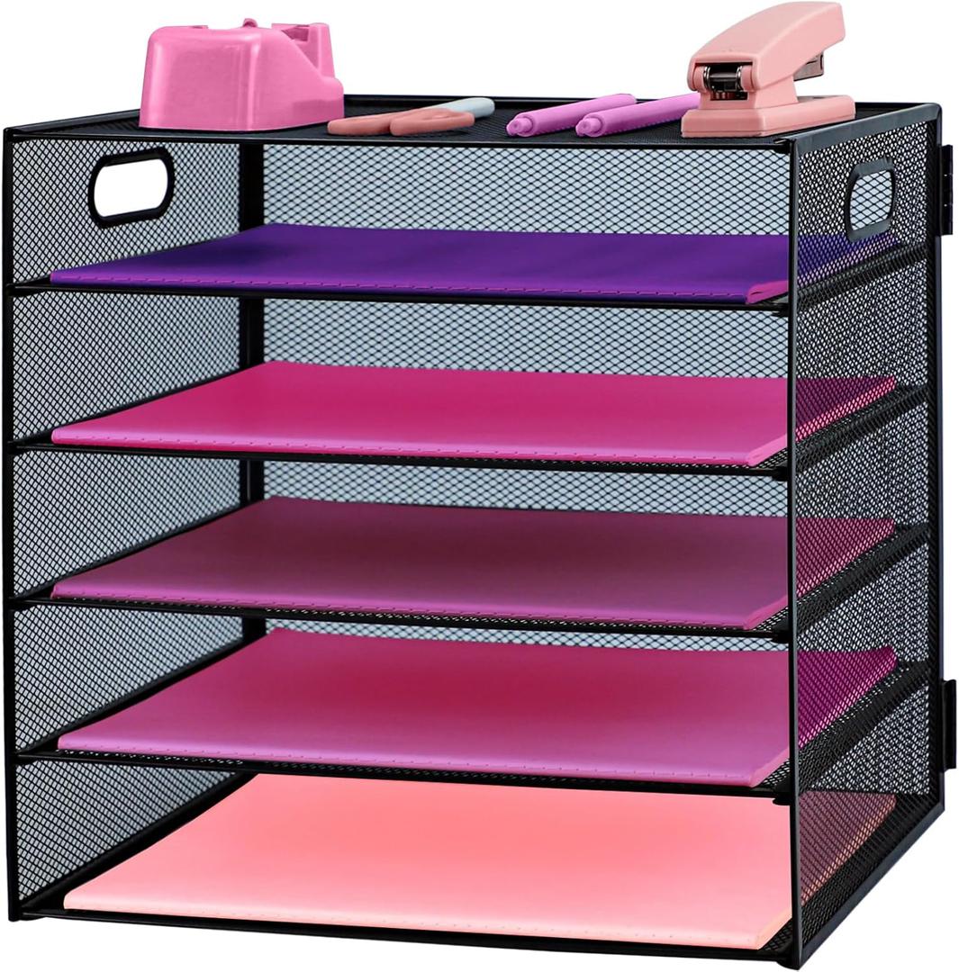5 Tier Lettrer Tray Organizer, Metal Mesh Desk File Organizer with Sliding Trays, Paper Sorter Desk Organizer for Home Office School, Black