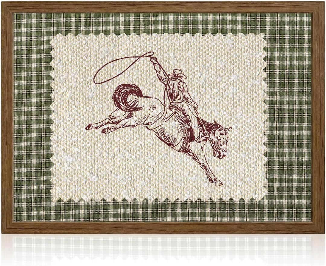 Cowboy Canvas Wall Art Western Pictures Wall Decor Vintage Striped Cowboy Rodeo Print Southwest Rustic Poster Giddy Up Horse Print for Bedroom Farmhouse Home 16x24 Inch Framed (Green Gingham Cowboy)