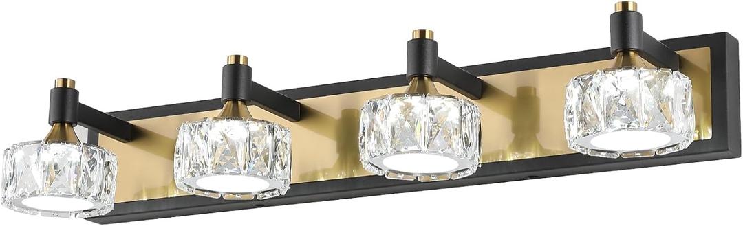 4 Light Bathroom Vanity Light, Dimmable Crystal Modern Bathroom Light Fixtures Over Mirror, Gold and Black Modern Vanity Light, Elegant Water Ripple Wall Sconce Lights