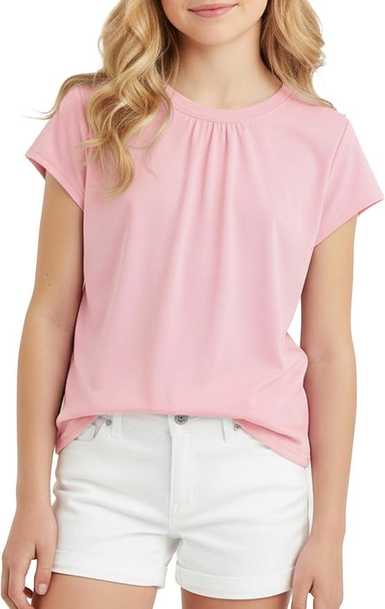 PATPAT Girls Pleated Short Sleeve T Shirt Summer Crewneck Plain Shirts Casual Fashion Preppy Tops Tees for Girl 11-12Y