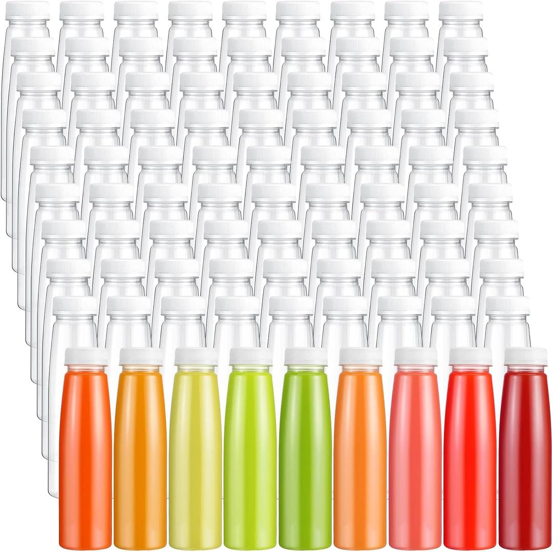 Tanlade 100 Pcs Plastic Juice Bottles with Caps Refrigerator Drink Container with Lid Clear Reusable Beverages Bottles for Juices, Milk, Tea, Fridge Storage, Take out (White Cap,10 oz)