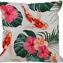 HGOD DESIGNS Fish Pillow Covers,Decorative Throw Pillow Koi Fish with Floral Tropical Palm Leaves Pillow Cases Cotton Linen Outdoor Indoor Cushion Covers for Home Sofa Couch 18x18 Inch, Green Pink