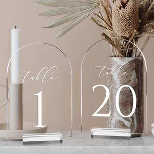 Clear Arch Table Numbers for Wedding, 5x7 Inch Arched Acrylic Table Numbers 1-20 with Stands, Clear Acrylic Arch Sign with Holder for Centerpiece, Reception, Wedding, Party, Event