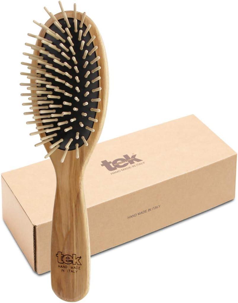 TEK - Large Oval Ash Wood Brush Handmade in Italy, with Short Tooth, Universal for All Hair Types - 22 x 6 cm