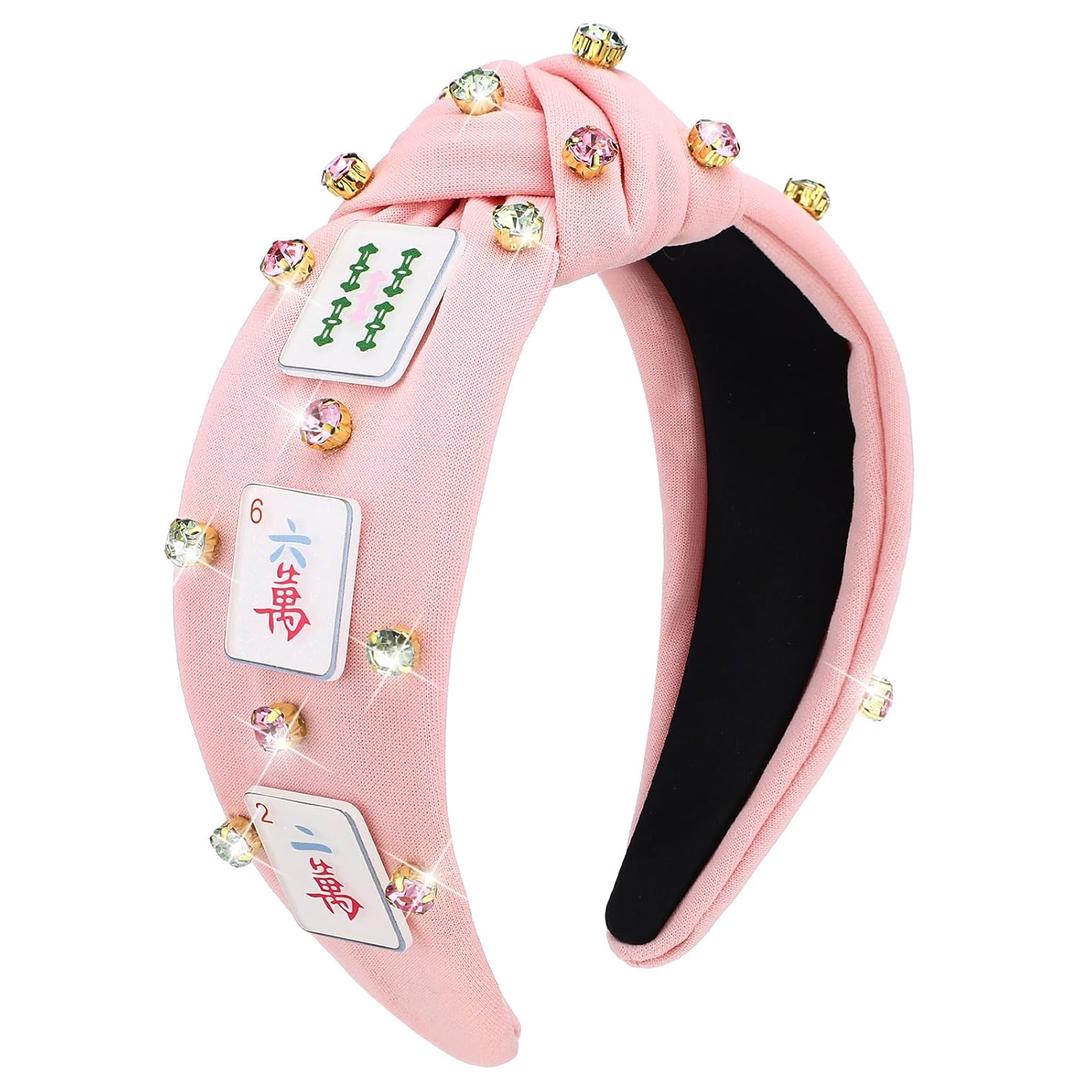 Mahjong Knotted Headband Rhinestone Crystal Embellished Headband Wide Top Knot Funny Hairband Hair Accessories Mahjong Gifts for Women Girls Lovers Players Themed Party Favors(Pink)