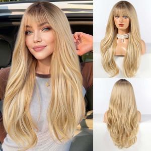 HAIRCUBE Long Blonde Wig with Bangs Layered Curly Wigs for Women Natural Synthetic Wigs for Daily Use (pelucas de cabello natural)