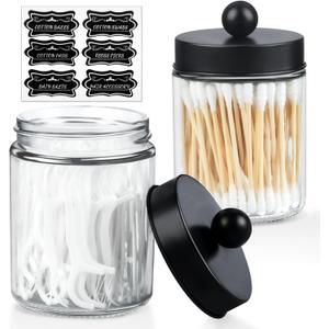 2 Pack Glass Apothecary Jars with Lids and Labels - Bathroom Counter Storage Jars, Qtip Holders Vanity Countertop Canisters (Clear)