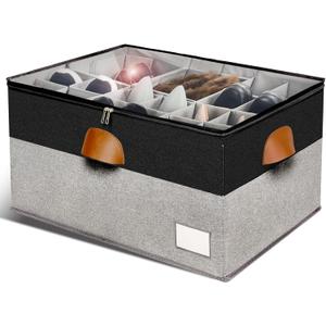 Shoe Organizer for Closet, Foldable Shoe Storage Bins with Clear Cover, Space Saving Shoes Holder with 4 Handles, Large Adjustable Shoe Box Storage Containers, Fits 12-24 Pairs, 1 Pack, Black