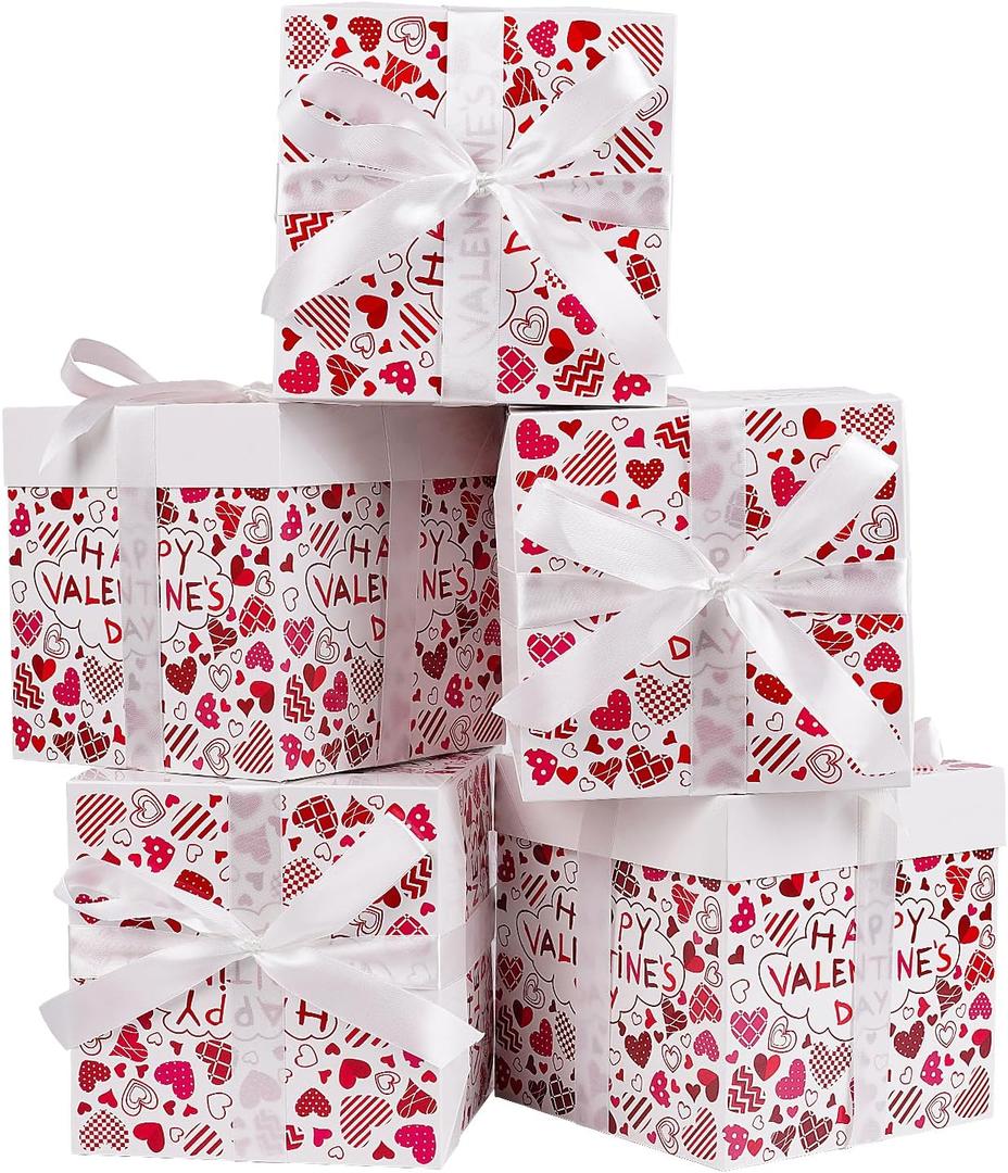 Jaywayang 5 Pack White Valentine Gift Boxes with Lids, Ribbons and Tissue Papers Square Gift Boxes - 7.1 Inch - Presents Wrapping Valentine's Day Decoration Party Favor Boxes.