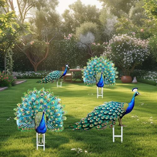 Riakrum 3 Pcs Metal Peacock Statue Garden Decor Outdoor Metallic Peacock Tail Spread Yard Lawn Decoration Housewarming Birthday Gifts for Patio, Lawn, or Entryway, Multicolor