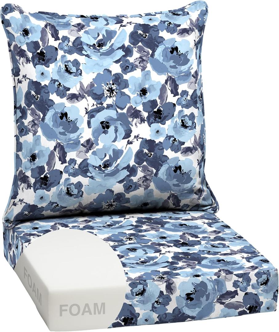 Arden Outdoor Foam Deep Seat Cushion Set, 24 in x 24 in, Weather-Proof, Rain-Proof, Fade Resistant Patio Cushion, Bottom and Back Cushion for Chair, Sofa, and Couch Blue Garden Floral, 1 Pack