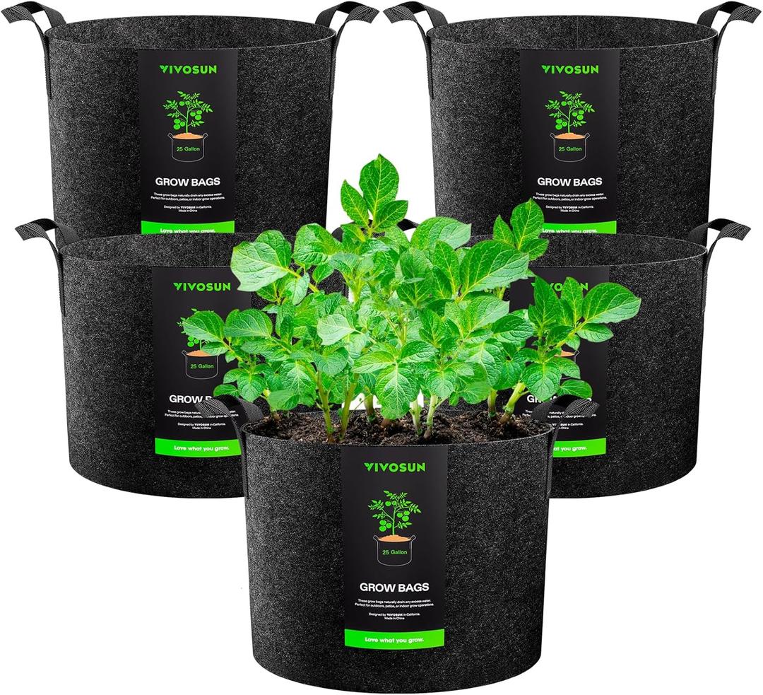 VIVOSUN 5-Pack 25 Gallon Plant Grow Bags, Heavy Duty Thickened Nonwoven Fabric Pots with Handles (Black)