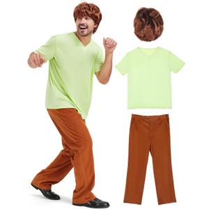 Adult Halloween Costume for Men Classic Retro Cartoon Slacker Outfit Green T-Shirt Brown Pants Wig Funny Mystery Cosplay (Medium)