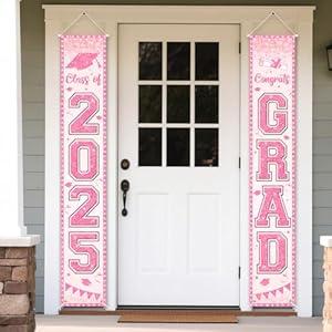 Jansun 2025 Pink Graduation Banner Party Decoration Class of 2025 Porch Sign Graduation Congrats Grad Rose Gold Photograph Banner Door Hanging for High School College Graduation Party