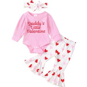 Baby Girl Valentine's Day Outfits Heart Print Romper+Flared Pants+Headband Infant Clothes 0-18 Months (Daddy's Little Valentine-pink)