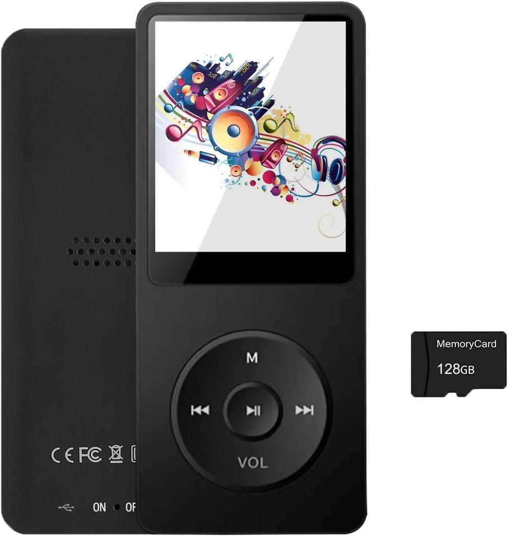 128GB MP3 Player with Bluetooth 5.2, Portable Black Music Player for Kids with Built-in HD Speaker, FM Radio, Voice Recorder, Earphones Included
