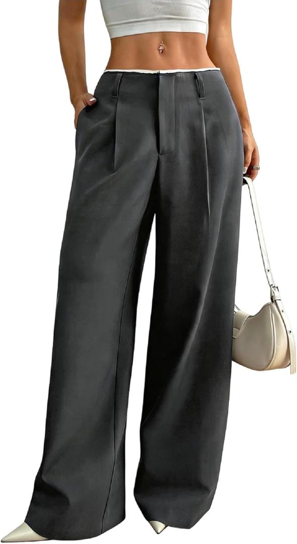 GORGLITTER Women's Low Rise Dress Pants Business Casual Wide Leg Trousers Work Dressy Low Waisted Straight Slacks Pants (Gray) S