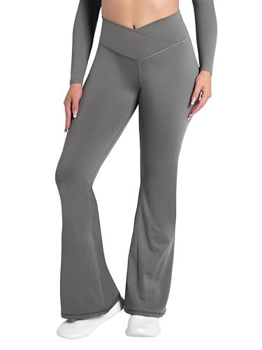 Sunzel Flare Leggings, Crossover Yoga Pants with Tummy Control, High-Waisted and Wide Leg, Fleece Lined 32" Inseam, Coastal Gray X-Large