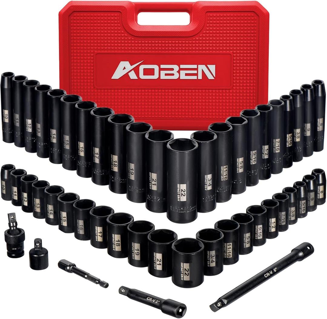 AOBEN 3/8-Inch Drive Impact Socket Set, 49 Pieces,6 Point (5/16" - 3/4", 8mm - 22mm), Deep/Shallow, Includes 3", 6" Extension bars, Universal Joint, 1/2" to 3/8" adaptor, 3/8" Inch Socket Adapter
