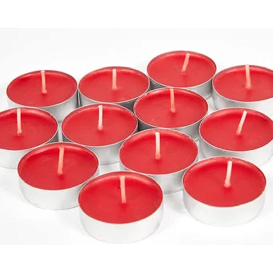 Tea Light Candles Colored Unscented Metallic Tin Cups Set of 18 Made in USA (Red) 2 Pack