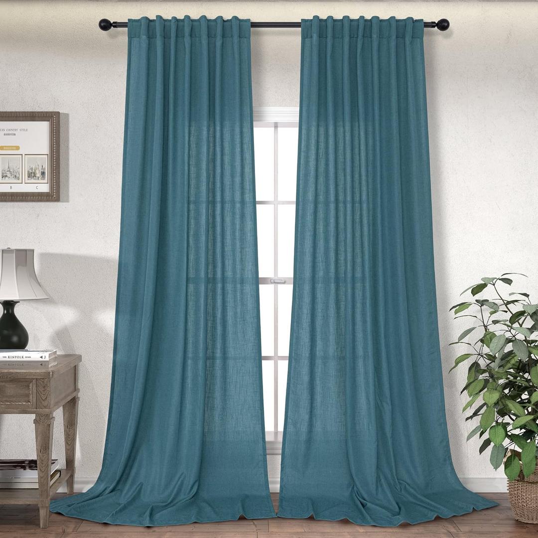 Dark Teal Curtains 90 Inches Long for Living Room 2 Panel Back Tab Pocket Reducing Light Weight Airy Boho Casual Semi Sheer Durable Linen Marine Blue Turquoise Curtain for Bedroom Office Classic Dcor