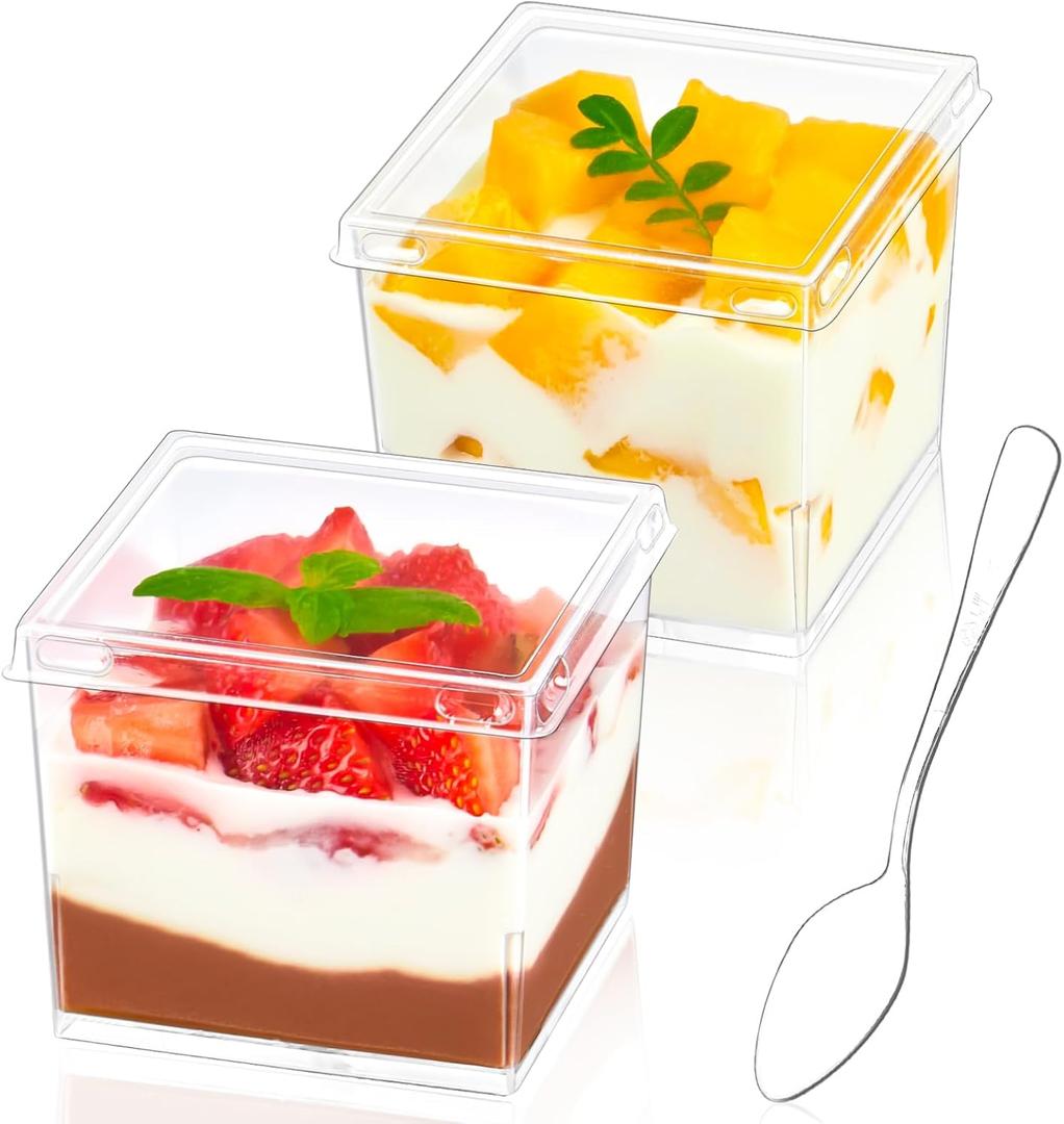 Zezzxu 50 Pack 5 oz Mini Square Dessert Cups with Lids and Spoons, Clear Plastic Parfait Cups Small Shooter Cups for Appetizer Puddings Mousse Ice Cream Fruit