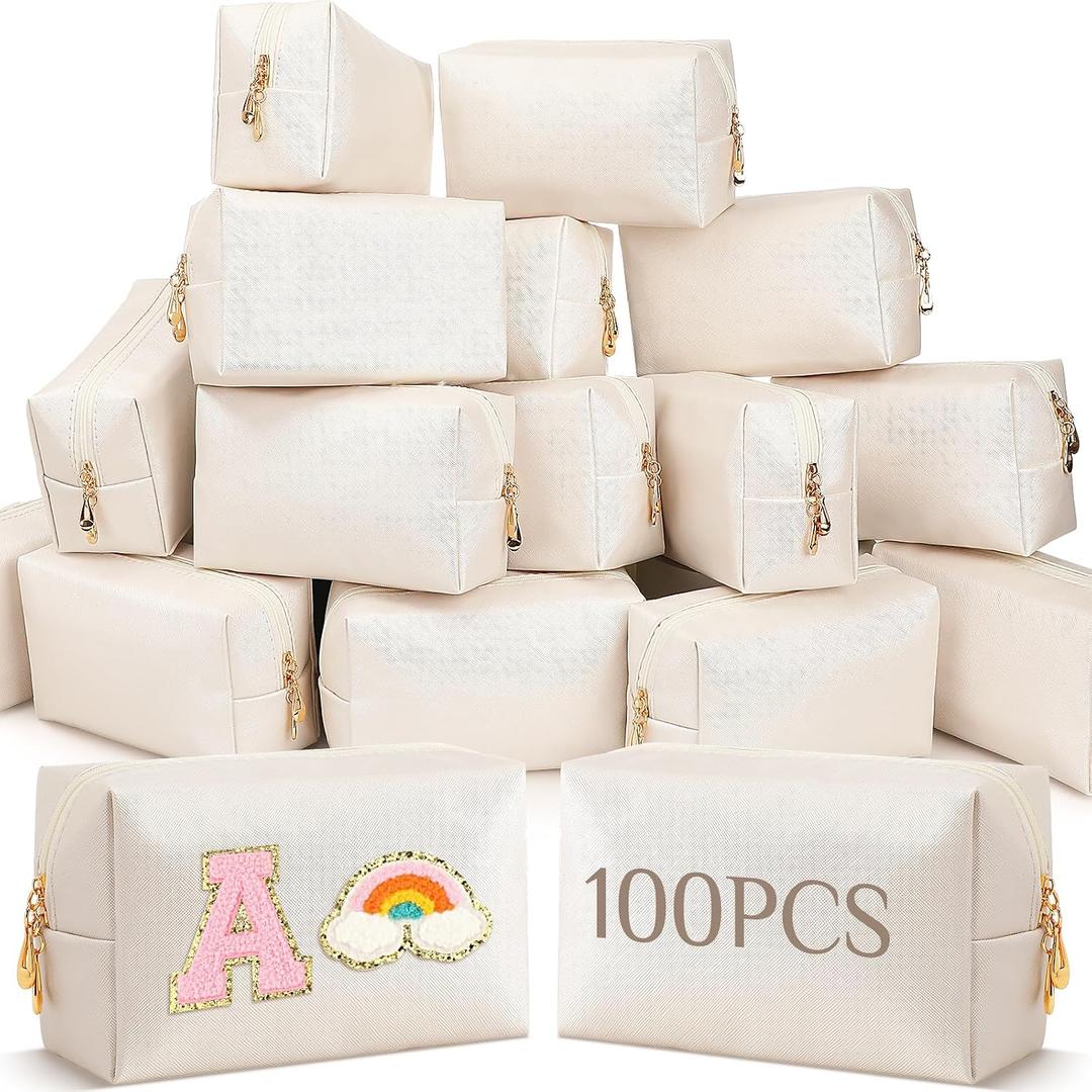 Cunno 100 Pack Aesthetic Makeup Bags Bulk PU Leather Cosmetic Pouches Waterproof Toiletry Bags Makeup Pouches Bulk for Teen Girls Women Party Gift Travel Storage Back to Teacher Gift (Ivory White)