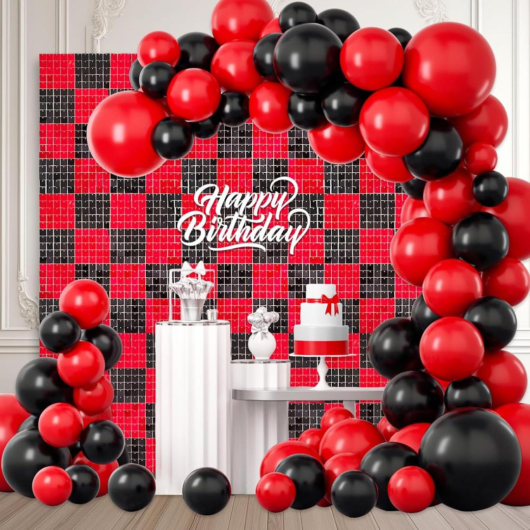 48 PCS Black Red Shimmer Wall Backdrop, Square Sequin Photo Backdrops Panel, Glitter Wall Background for Birthdays, Weddings, Graduation, Engagements, Disco Bachelorette Party Decoration (6FTx8FT)