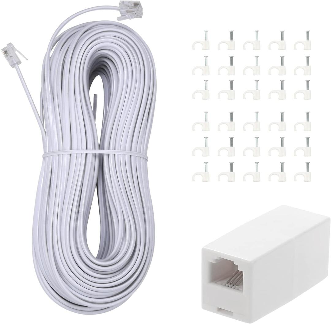 Long Telephone Extension Cord Phone Cable Line Wire, with Standard RJ11 Plug and 1 in-Line Couplers and 30 Cable Clip Holders-White (100feet)