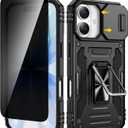 VEGO for iPhone 17 Case, with Slide Camera Cover & Privacy Tempered Glass Screen Protector & Ring Kickstand Military Grade Heavy Duty Protection Cover for iPhone 17 5G 6.3 Inch - Black
