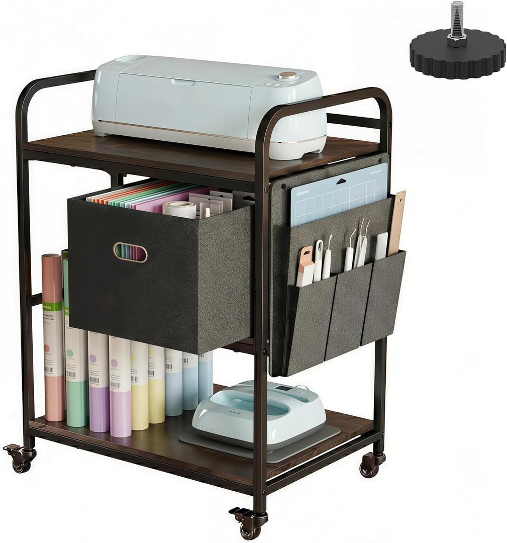 Cricut Cart with Power Outlet & Wheels, Rolling Craft Storage Table for Maker 4/3 and Explore 4/3, Heavy Duty Organizer Stand with Reinforced Drawer, Sewing Desk, Brown