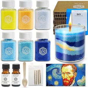 The Starry Night DIY Pearled Candle Sand Set - 11 Oz Sand Wax Beads (6 Colors), 2x10ml Scented Essential Oils, 4 Reusable Wicks, Glass Cup & Spoon, Home Decor & Handmade Gift & Craft Enthusiasts