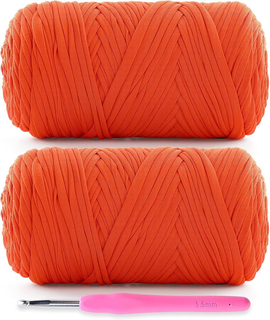 2 Pack Soft T-Shirt Yarn for Crochet, T Shirt Yarns for Crocheting Crafts, Bags, Basket, Coaster, Tshirt Yarns - 800 G/260 Yds with 1 Crochet Hook (2, Orange)