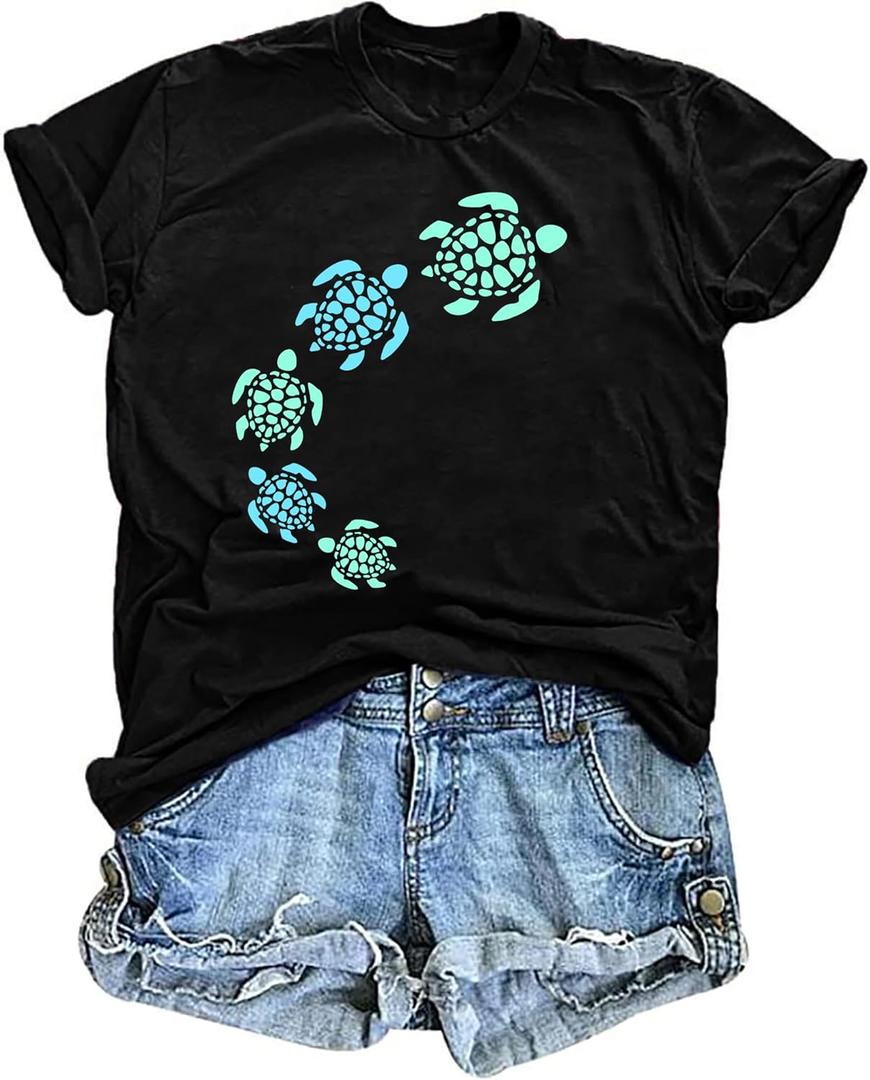 Sea Turtle Shirt for Women: Funny Animal Print Tee Ocean Life T Shirt Hawaiian Vacation Summer Tops (XX-Large, Black)