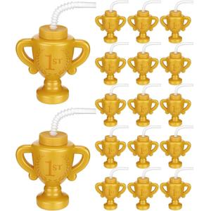 Meanplan 15 Pieces Race Car Trophy Cups with Straws Bulk for Kids 10 oz Reusable Trophy Cups Golden Race Car Cups Creative Party Cups Bulk for Car Birthday Party Favors Decorations and Supplies