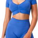 TAYOEA Crop Tops Workout for Women Yoga Short Sleeve Shirts Seamless V-Neck Gym T Shirts with Built in Pads (Blue, S)