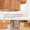 Boho Semi Flush Mount Ceiling Light Gold Rattan Ceiling Light 15.4" Farmhouse Ceiling Lamp with Natural Hemp Rope Lampshade for Dining Room Living Room Bedroom Kitchen, 16 Inch
