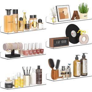 Qukaka Floating Shelves for Wall Decor, 15" Extra Clear Wall Shelves for Bedroom, Living Room, Kitchen, Bathroom Decor, Nail Polish/Book/Decoration/Makeup/Perfume Organizer Floating Shelf-6Pack