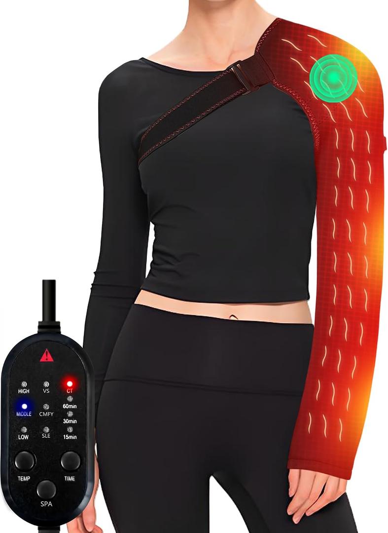 Shoulder Massage Heating Pad, Ultra Long Heated Wrist Wrap, Elbow Heating Pad with 3 Vibration and Heat Settings, Shoulder Heating Pads for Pain Rotator Cuff Frozen Shoulder with AC Adapter